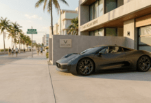 A high-end dark matte sports car parked outside a neon-lit Vice City luxury garage, representing GTA 6 Online economy and progression.