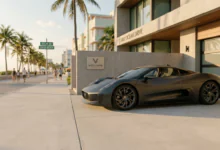 A high-end dark matte sports car parked outside a neon-lit Vice City luxury garage, representing GTA 6 Online economy and progression.