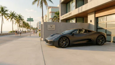 A high-end dark matte sports car parked outside a neon-lit Vice City luxury garage, representing GTA 6 Online economy and progression.