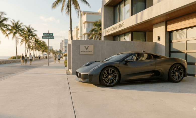 A high-end dark matte sports car parked outside a neon-lit Vice City luxury garage, representing GTA 6 Online economy and progression.