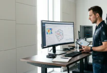 AI analytics in esports-High-tech esports coaching analyst facility showing real-time match data, heatmaps, and player telemetry on multiple displays.