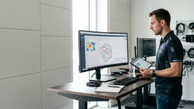 AI analytics in esports-High-tech esports coaching analyst facility showing real-time match data, heatmaps, and player telemetry on multiple displays.
