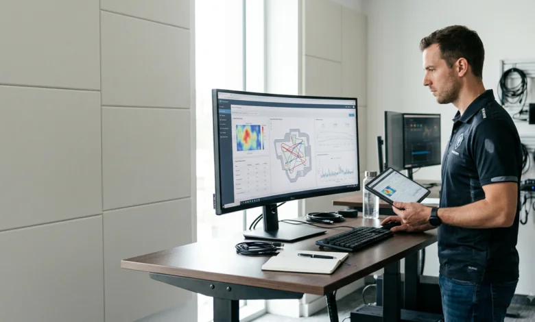 AI analytics in esports-High-tech esports coaching analyst facility showing real-time match data, heatmaps, and player telemetry on multiple displays.