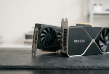 NVIDIA RTX 6090 vs AMD RX 9900 XT- Conceptual illustration comparing futuristic NVIDIA GeForce and AMD Radeon flagship graphics cards for high-end 4K gaming setups.