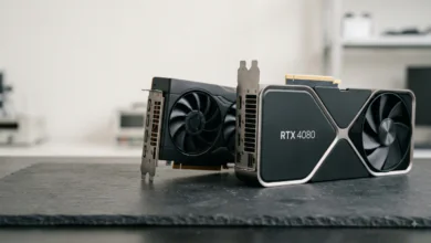 NVIDIA RTX 6090 vs AMD RX 9900 XT- Conceptual illustration comparing futuristic NVIDIA GeForce and AMD Radeon flagship graphics cards for high-end 4K gaming setups.