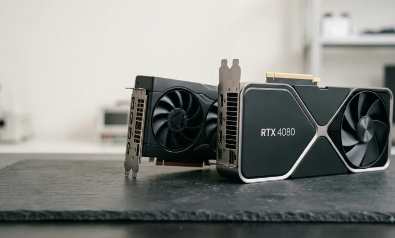 NVIDIA RTX 6090 vs AMD RX 9900 XT- Conceptual illustration comparing futuristic NVIDIA GeForce and AMD Radeon flagship graphics cards for high-end 4K gaming setups.