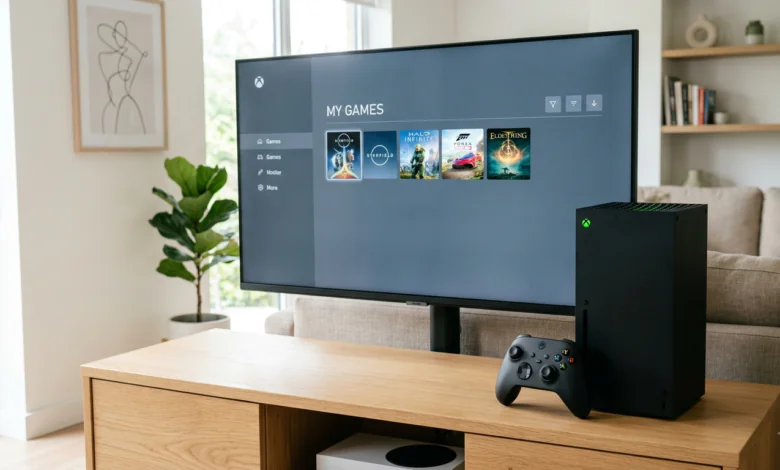 Xbox Game Pass additions-An Xbox Series X console and wireless controller beside a display screen showing the Xbox Game Pass library menu for August 2026.