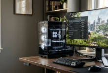 best graphics settings to boost FPS-High-performance PC gaming setup featuring an illuminated desktop computer displaying real-time FPS overlay and detailed graphics settings menu.