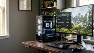 best graphics settings to boost FPS-High-performance PC gaming setup featuring an illuminated desktop computer displaying real-time FPS overlay and detailed graphics settings menu.