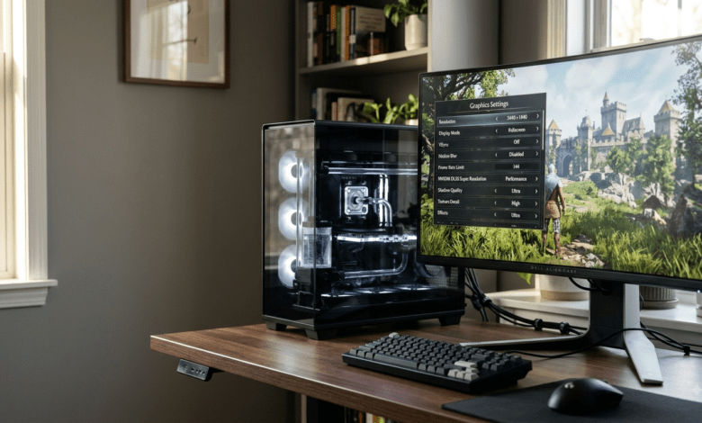 best graphics settings to boost FPS-High-performance PC gaming setup featuring an illuminated desktop computer displaying real-time FPS overlay and detailed graphics settings menu.