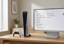 hidden PS5 features- Close-up of a PlayStation 5 console and DualSense controller placed beside a modern gaming display