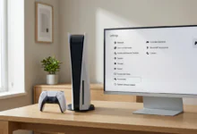 hidden PS5 features- Close-up of a PlayStation 5 console and DualSense controller placed beside a modern gaming display
