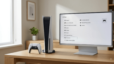 hidden PS5 features- Close-up of a PlayStation 5 console and DualSense controller placed beside a modern gaming display
