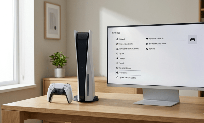 hidden PS5 features- Close-up of a PlayStation 5 console and DualSense controller placed beside a modern gaming display